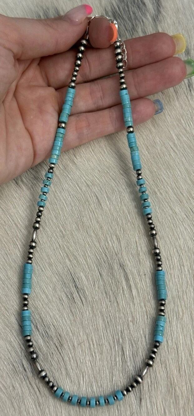Navajo Pearl Sterling Silver Blue Turquoise 4mm Heishi Melon Necklace 16”-18”
